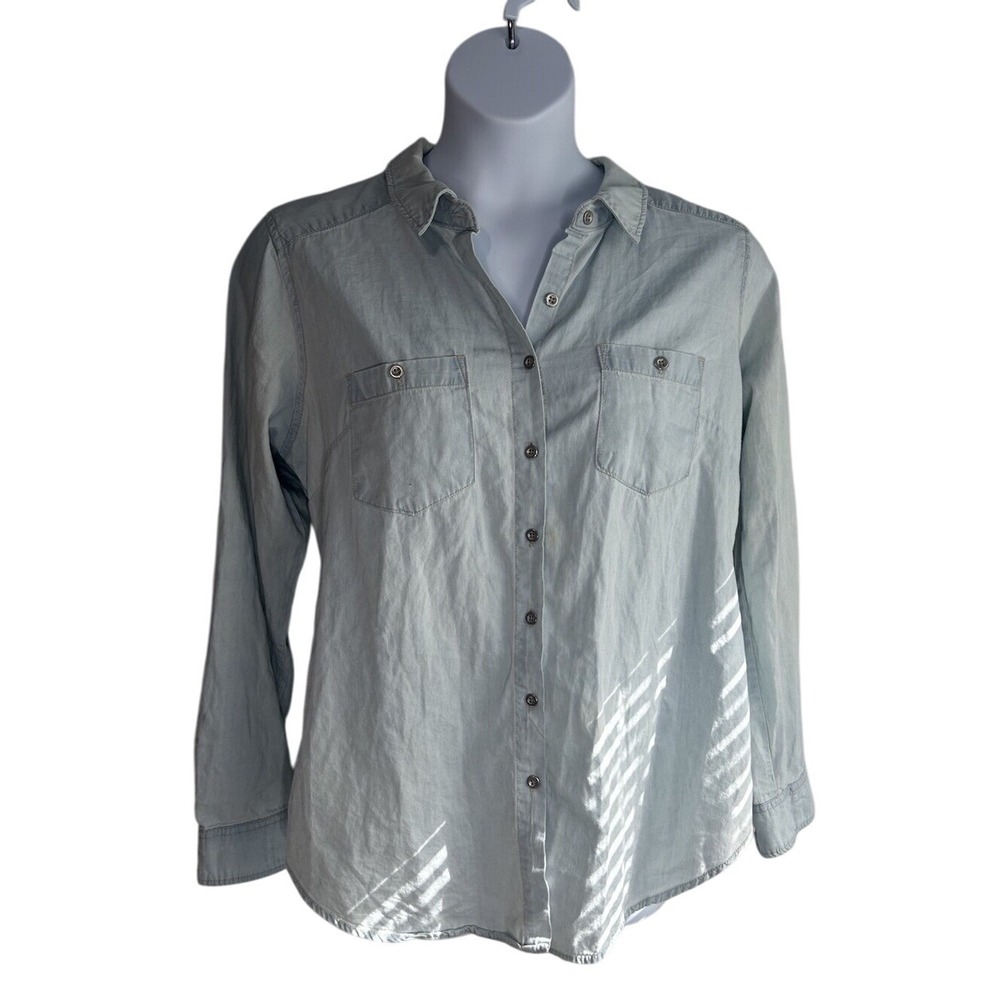 Wax Jean Women‎ Light Wash Denim Chambray Blue Button Down Shirt Roll Tab 1XL